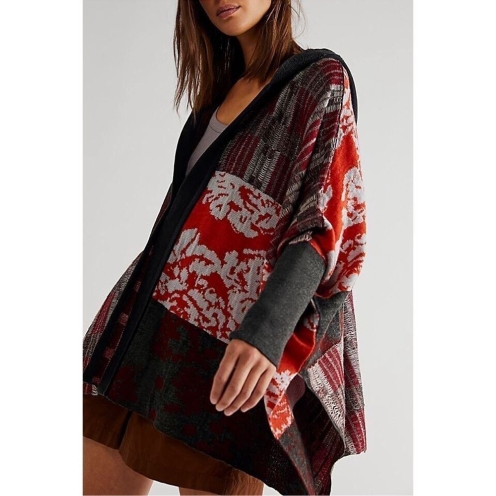 Free People Autumn Patchwork Poncho Cardigan Hood Dolman Sleeve Gray Orange M/L - Picture 3 of 11
